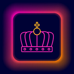 Glowing neon line King crown icon isolated on black background. Colorful outline concept. Vector