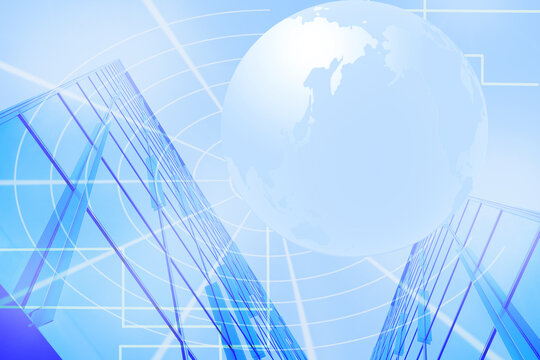 世界地図とビル、グローバルなオフィス、インターナショナルなビジネス背景画像