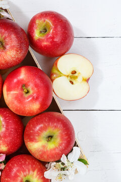 Apples Fruits Red Apple Fruit With Leaves From Above With Copyspace Copy Space On A Wooden Board Portrait Format