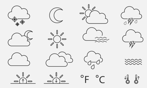 Weather line icon set with editable stroke. Outline collection of meteorology symbols. Vector illustration.
