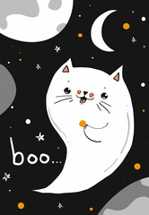 Happy Halloween greeting card with ghost cat character and moon, vector illustration