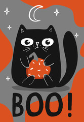 Happy Halloween greeting card with black cat character and pumpkin, vector illustration