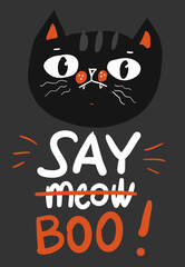 Happy Halloween greeting card with black cat character and pumpkin, vector illustration. Say meow, boo