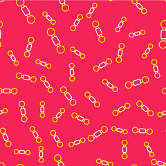 Line Dumbbell icon isolated seamless pattern on red background. Muscle lifting icon, fitness barbell, gym, sports equipment, exercise bumbbell. Vector
