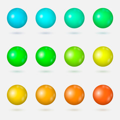 Collection of colorful glossy metallic spheres isolated on white. Vector water bubbles or round pills with shadows