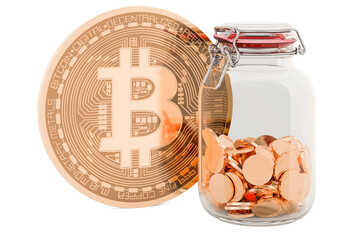 Bitcoin with glass jar full of golden coins, 3D rendering