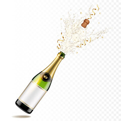 Bottle of champagne with a cork and ribbons, vector realistic champagne explosion, isolated. - obrazy, fototapety, plakaty