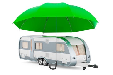 Travel trailer under umbrella, 3D rendering - obrazy, fototapety, plakaty