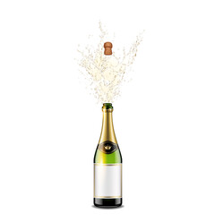 Bottle of champagne with a cork, vector realistic champagne explosion, isolated on white. © Aliona Manakova