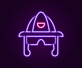 Glowing neon line Firefighter helmet or fireman hat icon isolated on black background. Colorful outline concept. Vector