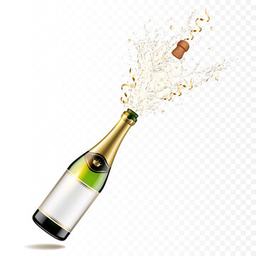 Bottle of champagne with a cork and ribbons, vector realistic champagne explosion, isolated.
