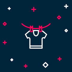 Line Drying clothes icon isolated on blue background. Clean shirt. Wash clothes on a rope with clothespins. Clothing care and tidiness. Colorful outline concept. Vector