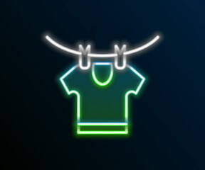 Glowing neon line Drying clothes icon isolated on black background. Clean shirt. Wash clothes on a rope with clothespins. Clothing care and tidiness. Colorful outline concept. Vector