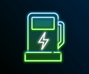 Glowing neon line Electric car charging station icon isolated on black background. Eco electric fuel pump sign. Colorful outline concept. Vector