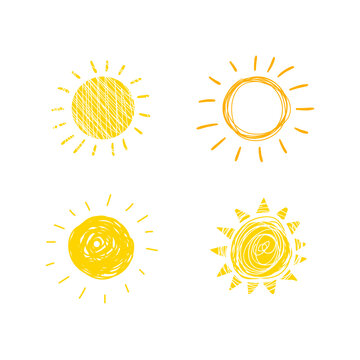 Vector Hand Drawn Sun Icons, Sunny Cute Doodle Set, Isolated on White Background Yellow Drawings, Handdrawn Style Illustration.