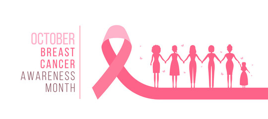 October Breast cancer awareness month text and group of woman hand hold hand to hope on pink ribbon sign vector Design