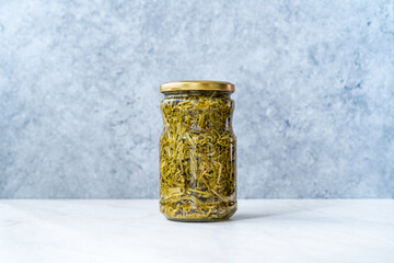 Preserved Vegetable Samphire in Glass Jar. Ready to Eat and Use.
