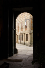 Exterior view through a doorway of the church of Pontevedra