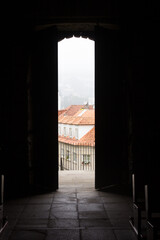 Fototapeta premium Exterior view through a doorway of the church of Pontevedra