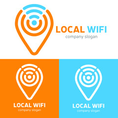 Vector of map pointer and wifi logo combination. GPS locator and signal symbol or icon. Unique pin and radio, internet logotype design template. Eps 10 vector illustration.