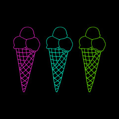 Bright vector illustration with ice cream in a waffle glass on a black background. Outline drawing.