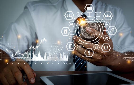Human using mobile phone technology for digital marketing of statistics level up of graph. business management goal strategy action plan. Global customer network connection on icon virtual interface.