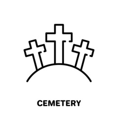 Cemetery with Tombstone and Cross Line Icon. Gravestone, Tomb, Tombstone Linear Pictogram. Graveyard Spooky Halloween Symbol Outline Icon. Editable Stroke. Isolated Vector Illustration