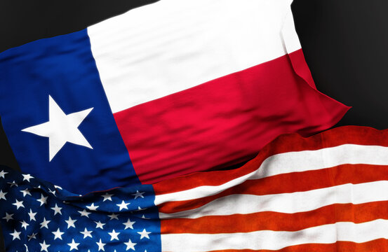 Flag of Texas along with a flag of the United States of America as a symbol of unity between them, 3d illustration