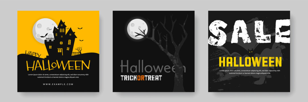 Halloween social media layouts, hanunted house, scary bat, shining moon, instagram and facebook post templates set, creative vector illustration for hallows day