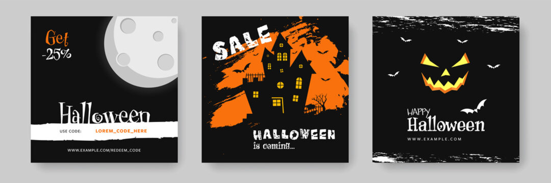 Halloween social media layouts, hanunted house, scary pumpkin, shining moon, instagram and facebook post templates set, creative vector illustration for hallows day