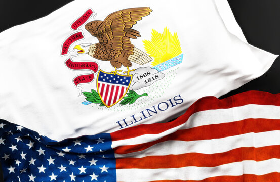 Flag of Illinois along with a flag of the United States of America as a symbol of unity between them, 3d illustration