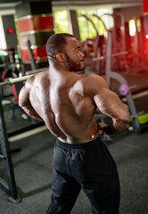 Fototapeta premium Fit young man doing workout at a gym. Sport, fitness, weightlifting, bodybuilding, training, athlete, workout exercises concept. View from the back