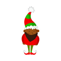 An illustration of a dark skinned Christmas elf. Black gnome with striped hat and socks. Santa's helper. Isolated on white. 