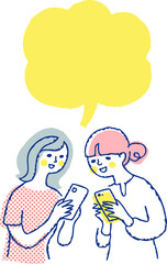 スマートフォンの画面を見せ合う女性2人とフキダシ