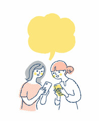 スマートフォンの画面を見せ合う女性2人とフキダシ