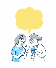 スマートフォンの画面を見せ合う女性2人とフキダシ