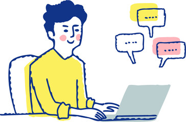 ノートパソコンを操作する男性とフキダシ