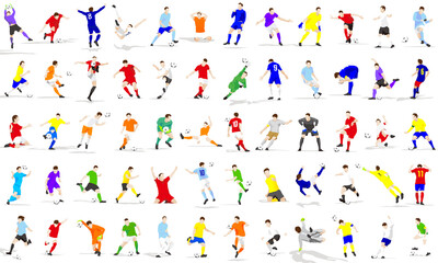 Fototapeta na wymiar Soccer illustration Many types of soccer player play scenes. 60patterns. Vector
