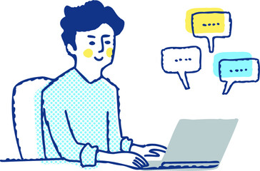 ノートパソコンを操作する男性とフキダシ