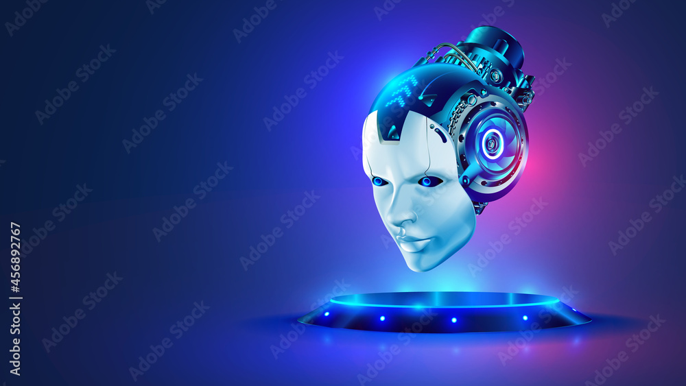 Leinwandbilder AI or artificial intelligence in image robot head hover over podium in virtual cyberspace. Humanoid face of mechanical cyborg with electronic brain or mind. Neural network or supercomputer on pedestal