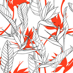 Seamless pattern with strelitzia flowers and leaves. Floral texture with bird of paradise or crane flower plant. Unique hand drawn print for fabric.  .Line drawing, tropical plants. - 456892913
