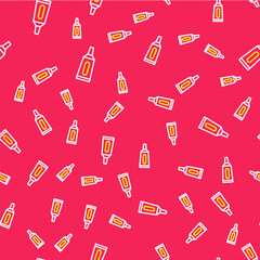Line Ointment cream tube medicine icon isolated seamless pattern on red background. Tube, container, toothpaste, cream sign. Vector