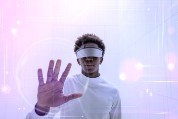 Man wearing smart glasses touching a virtual screen futuristic technology digital remix - Powered by Adobe