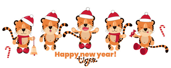 Tigers in the red 	
Santa Claus hats. Horizontal Christmas banner. Happy New Year. Chinese symbol 2022 new year. Cartoon cute illustration on white background.