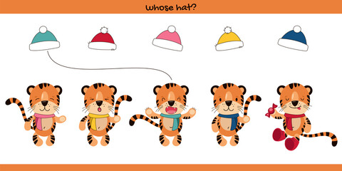 Educational matching game for preschool children. Whose hat. Cute tigers in Santa Claus's caps. Happy New Year. 