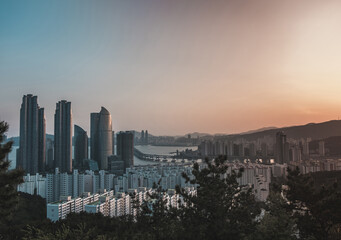 Scenic panoramic city view with skyscrapers at sunset. Picturesque view in Seoul. Lovely view of the modern city 