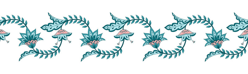 Flower chintz indian pattern seamless vector border. Botanical batik paisley design motif. Horizontal vintage floral ornament print. Ethnic decoration. - 456893934
