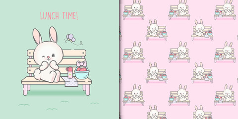 kawaii card with bunny and strawberries in a basket