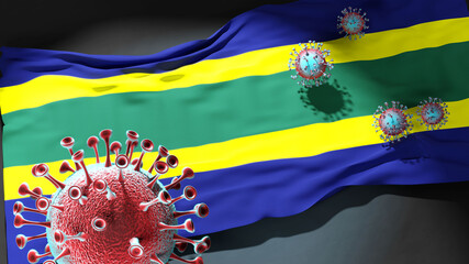 Covid in Bar Montenegro - coronavirus attacking a city flag of Bar Montenegro as a symbol of a fight and struggle with the virus pandemic in this city, 3d illustration