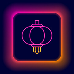 Glowing neon line Chinese paper lantern icon isolated on black background. Colorful outline concept. Vector